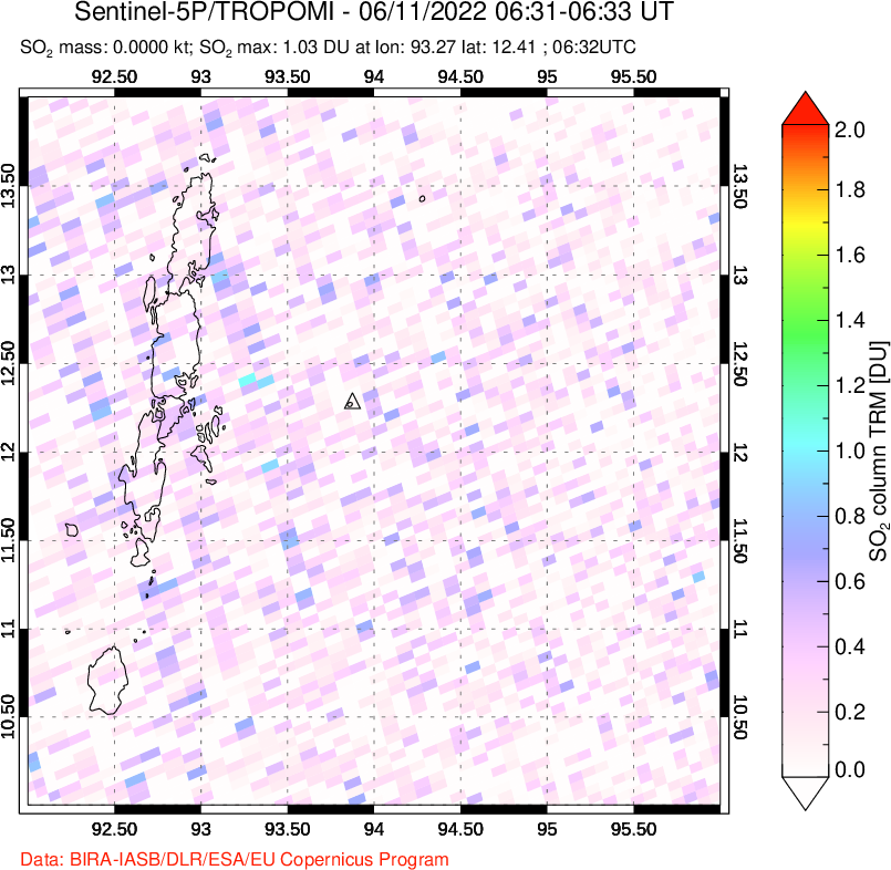 A sulfur dioxide image over Andaman Islands, Indian Ocean on Jun 11, 2022.