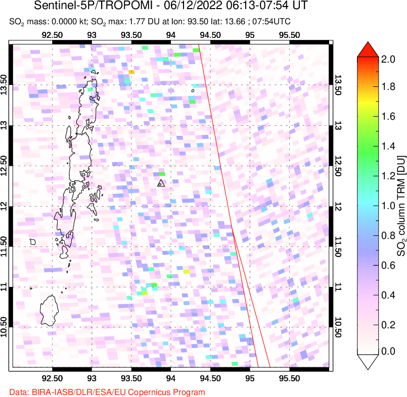 A sulfur dioxide image over Andaman Islands, Indian Ocean on Jun 12, 2022.