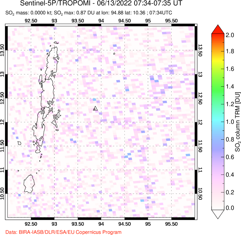 A sulfur dioxide image over Andaman Islands, Indian Ocean on Jun 13, 2022.