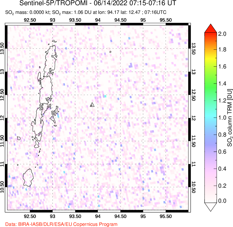 A sulfur dioxide image over Andaman Islands, Indian Ocean on Jun 14, 2022.