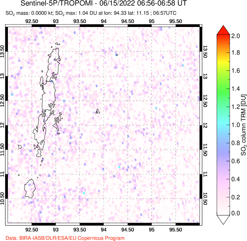 A sulfur dioxide image over Andaman Islands, Indian Ocean on Jun 15, 2022.