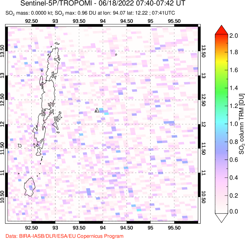 A sulfur dioxide image over Andaman Islands, Indian Ocean on Jun 18, 2022.