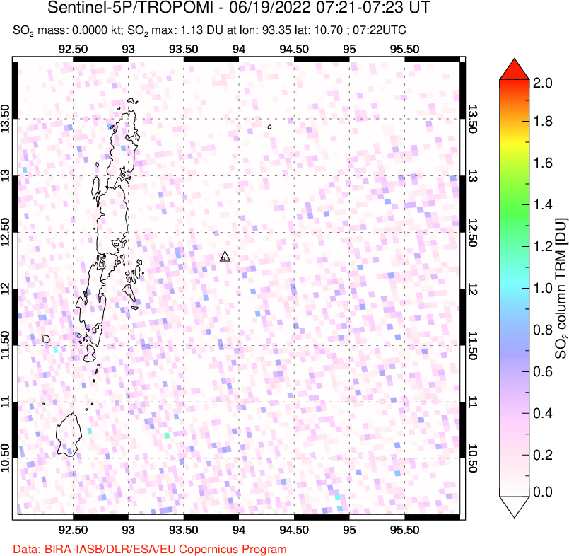 A sulfur dioxide image over Andaman Islands, Indian Ocean on Jun 19, 2022.