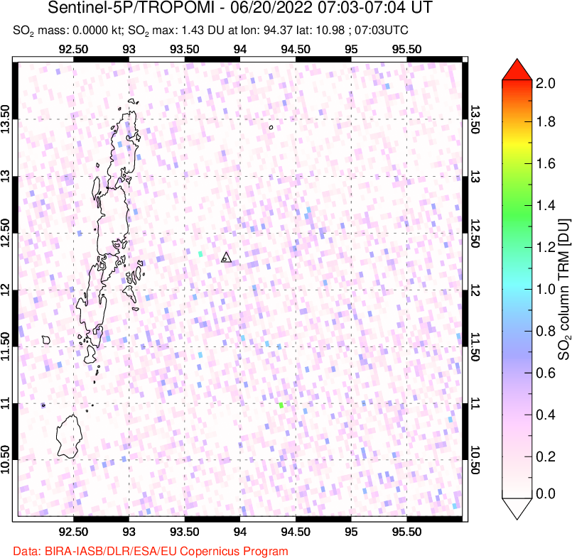 A sulfur dioxide image over Andaman Islands, Indian Ocean on Jun 20, 2022.