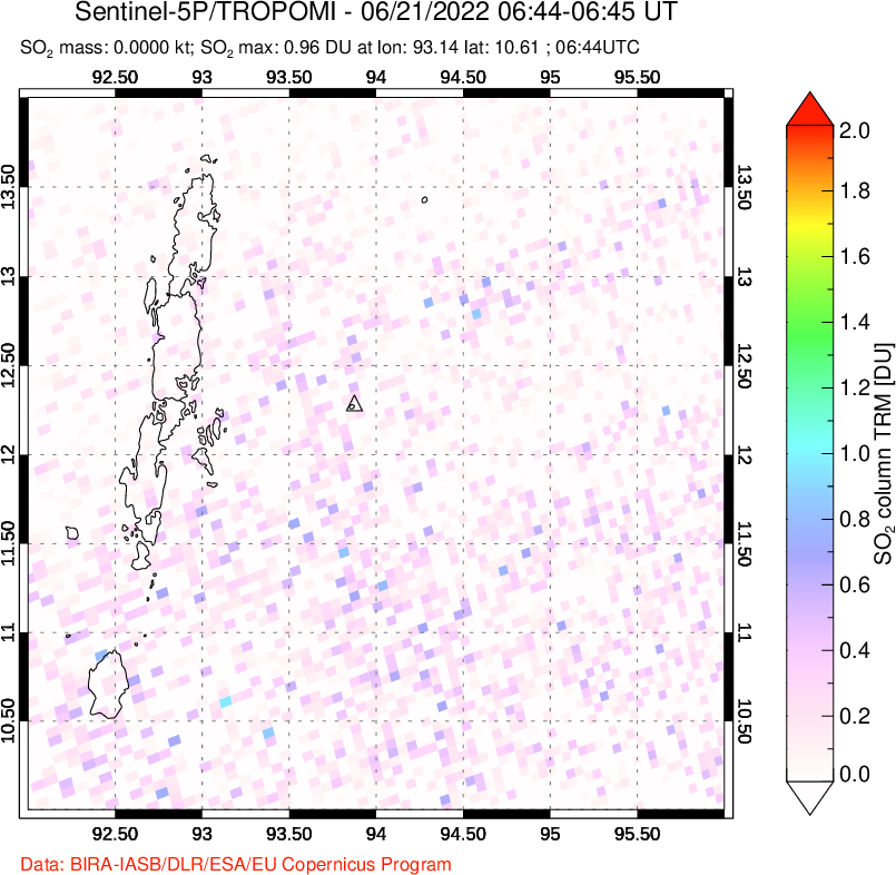 A sulfur dioxide image over Andaman Islands, Indian Ocean on Jun 21, 2022.