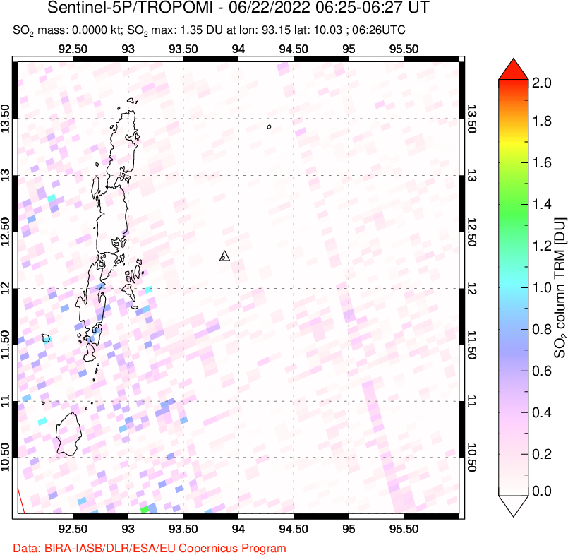 A sulfur dioxide image over Andaman Islands, Indian Ocean on Jun 22, 2022.