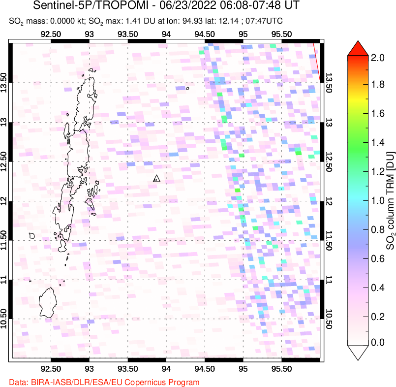 A sulfur dioxide image over Andaman Islands, Indian Ocean on Jun 23, 2022.