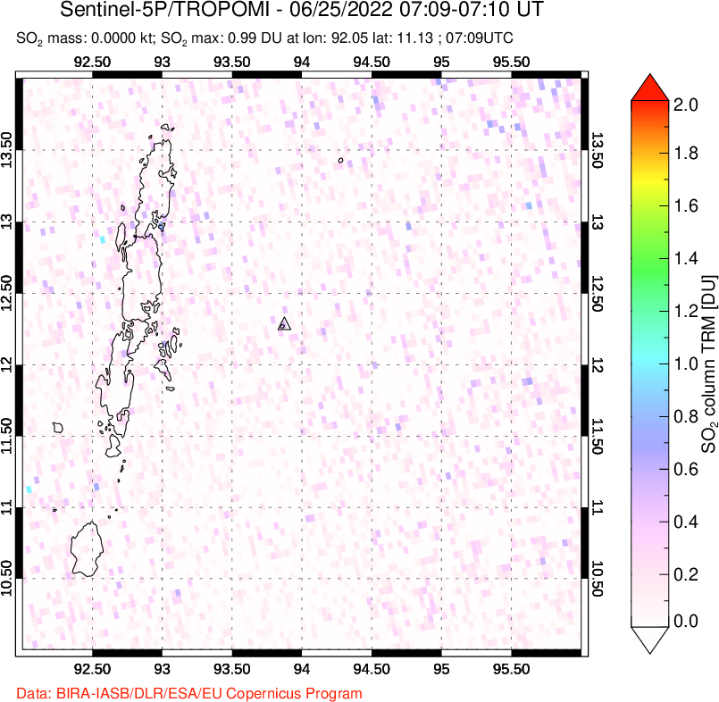 A sulfur dioxide image over Andaman Islands, Indian Ocean on Jun 25, 2022.