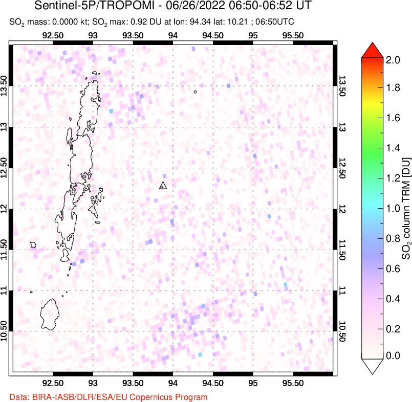 A sulfur dioxide image over Andaman Islands, Indian Ocean on Jun 26, 2022.