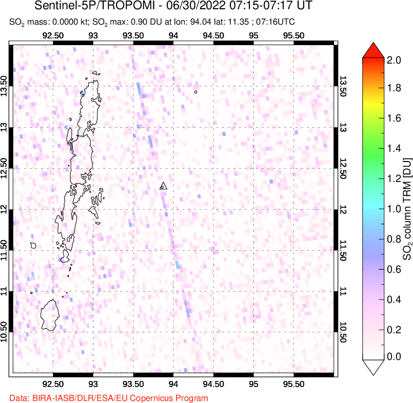 A sulfur dioxide image over Andaman Islands, Indian Ocean on Jun 30, 2022.