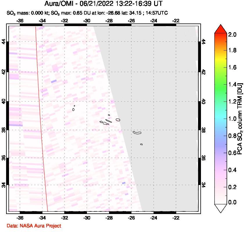A sulfur dioxide image over Azore Islands, Portugal on Jun 21, 2022.