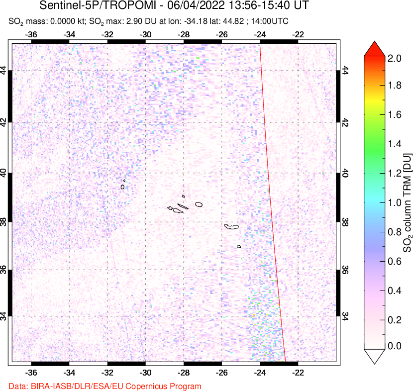 A sulfur dioxide image over Azore Islands, Portugal on Jun 04, 2022.