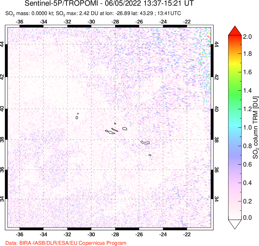 A sulfur dioxide image over Azore Islands, Portugal on Jun 05, 2022.