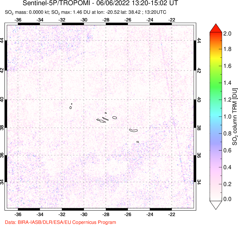 A sulfur dioxide image over Azore Islands, Portugal on Jun 06, 2022.