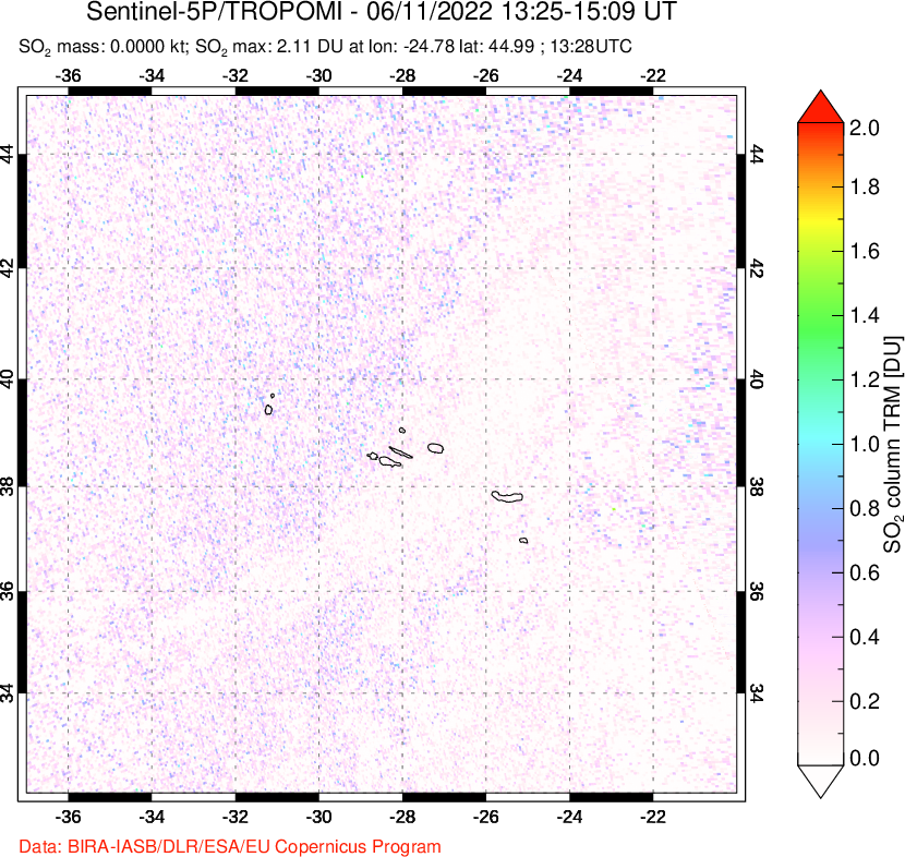 A sulfur dioxide image over Azore Islands, Portugal on Jun 11, 2022.