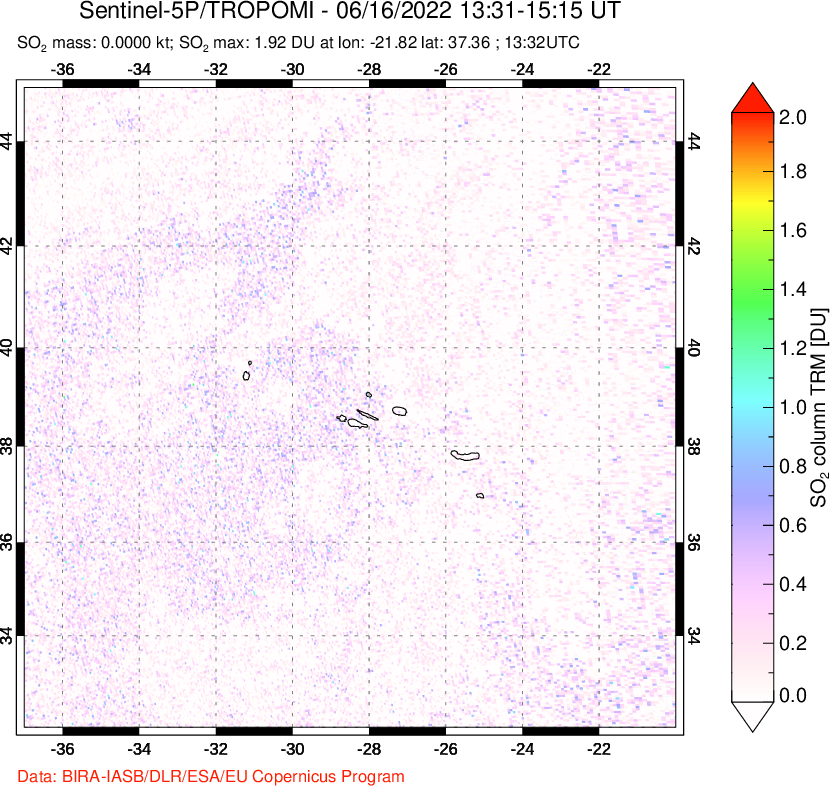 A sulfur dioxide image over Azore Islands, Portugal on Jun 16, 2022.