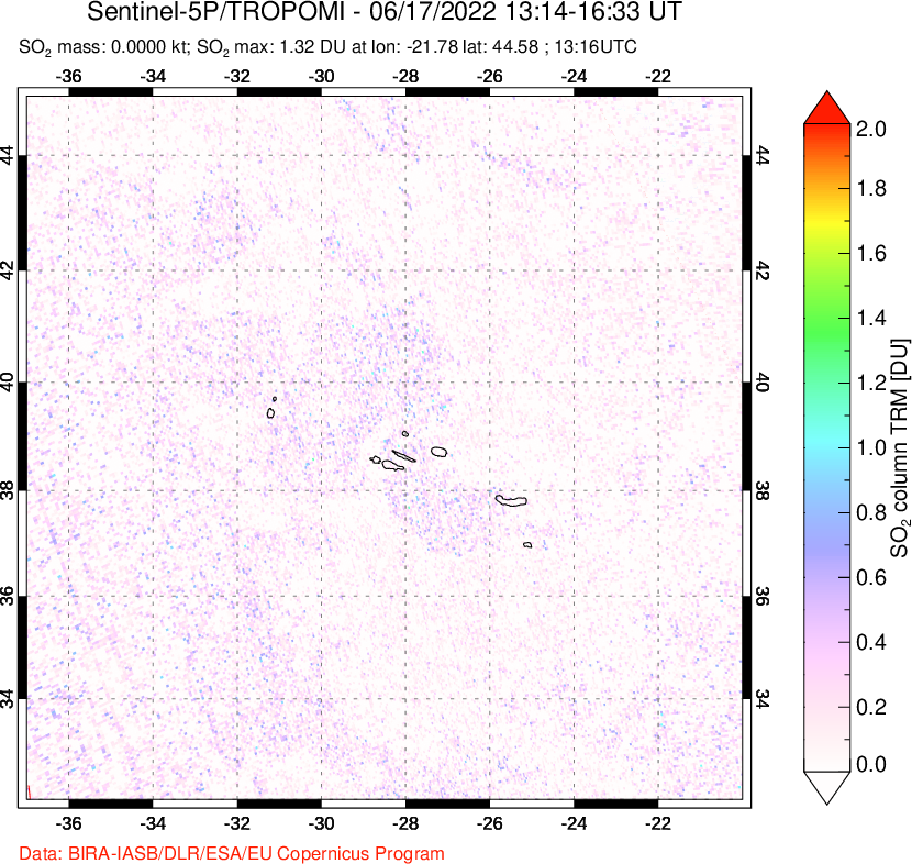 A sulfur dioxide image over Azore Islands, Portugal on Jun 17, 2022.