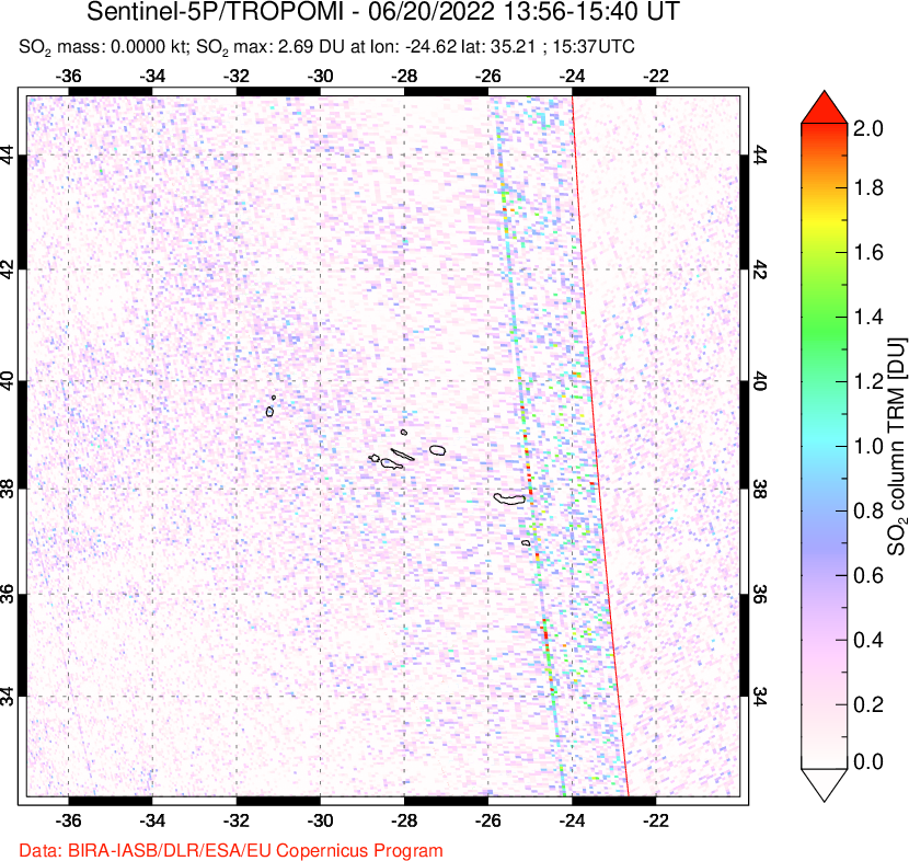 A sulfur dioxide image over Azore Islands, Portugal on Jun 20, 2022.