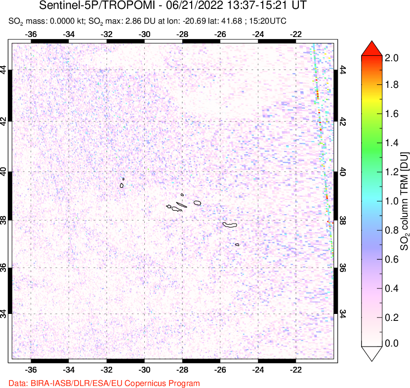 A sulfur dioxide image over Azore Islands, Portugal on Jun 21, 2022.