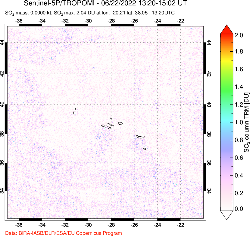 A sulfur dioxide image over Azore Islands, Portugal on Jun 22, 2022.