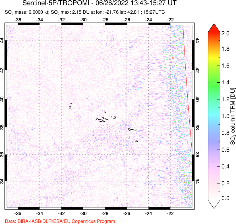 A sulfur dioxide image over Azore Islands, Portugal on Jun 26, 2022.