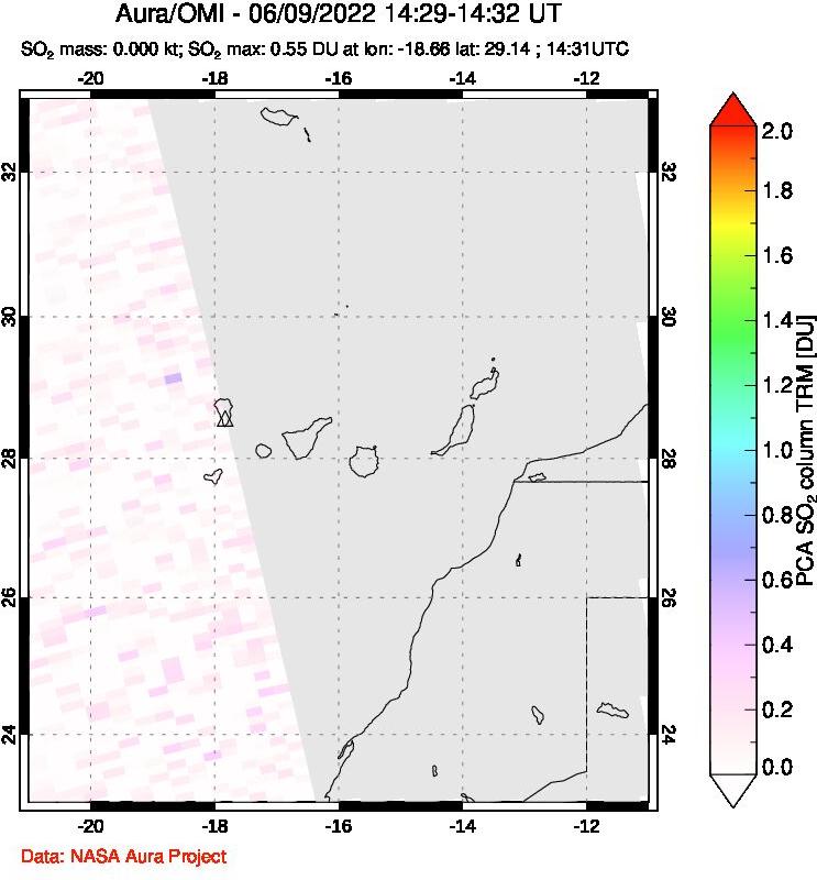 A sulfur dioxide image over Canary Islands on Jun 09, 2022.