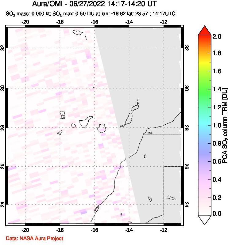 A sulfur dioxide image over Canary Islands on Jun 27, 2022.