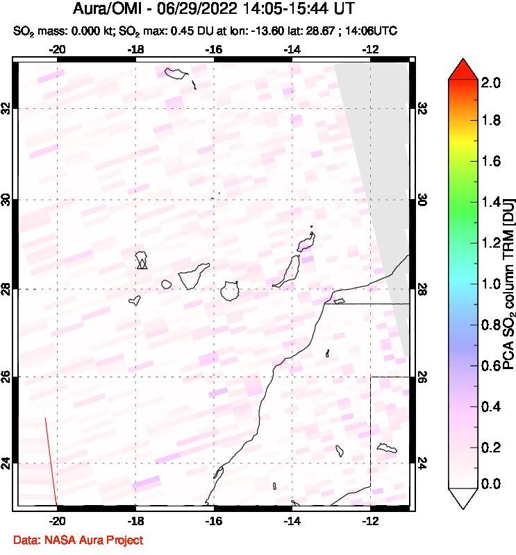 A sulfur dioxide image over Canary Islands on Jun 29, 2022.