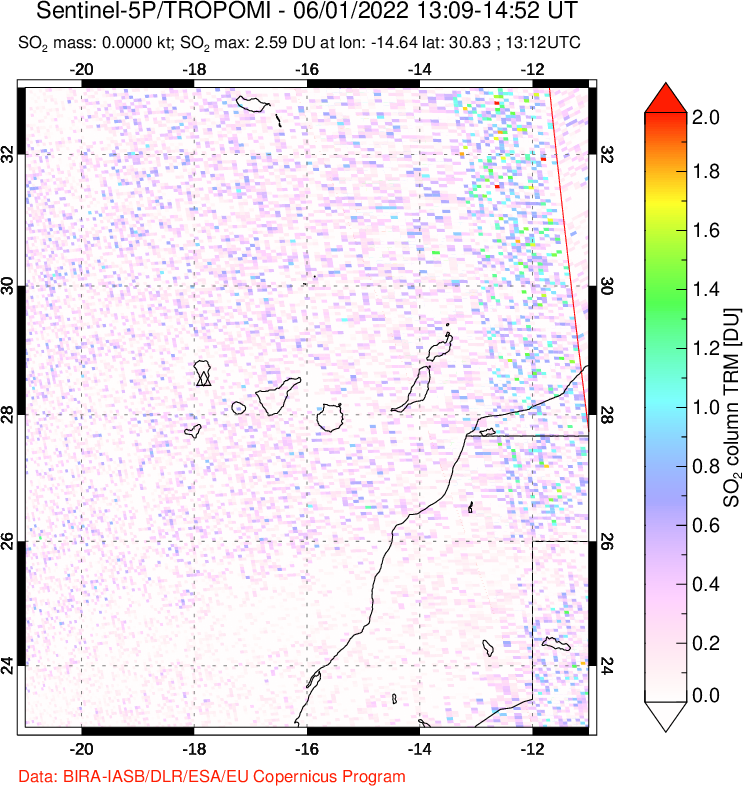 A sulfur dioxide image over Canary Islands on Jun 01, 2022.