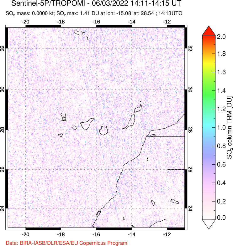 A sulfur dioxide image over Canary Islands on Jun 03, 2022.