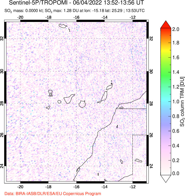 A sulfur dioxide image over Canary Islands on Jun 04, 2022.