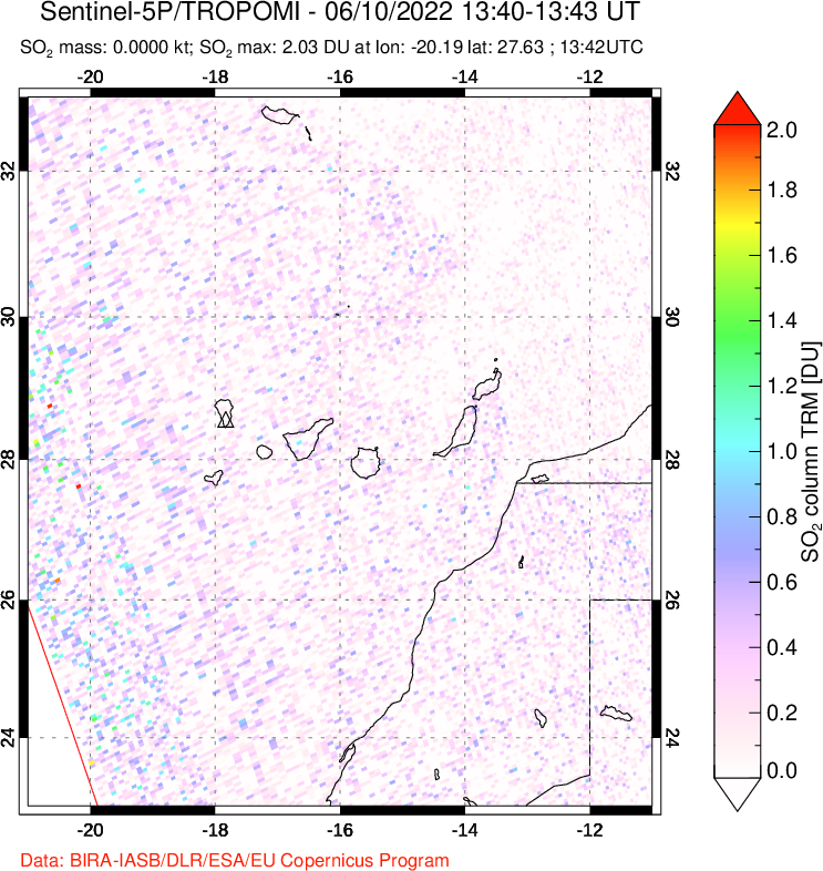 A sulfur dioxide image over Canary Islands on Jun 10, 2022.