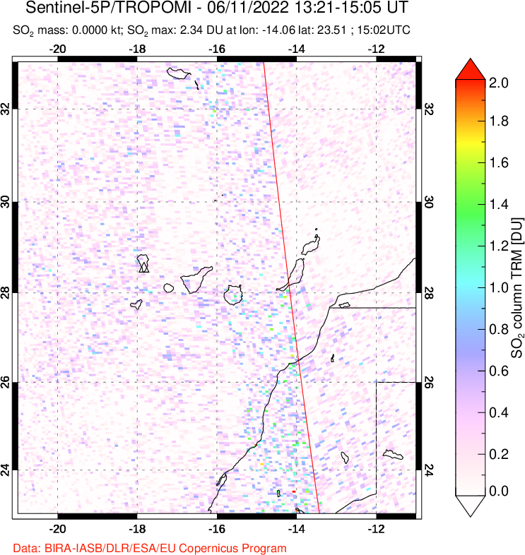 A sulfur dioxide image over Canary Islands on Jun 11, 2022.