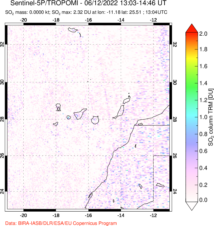 A sulfur dioxide image over Canary Islands on Jun 12, 2022.