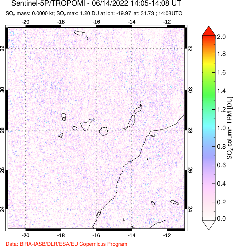 A sulfur dioxide image over Canary Islands on Jun 14, 2022.