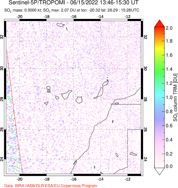 A sulfur dioxide image over Canary Islands on Jun 15, 2022.