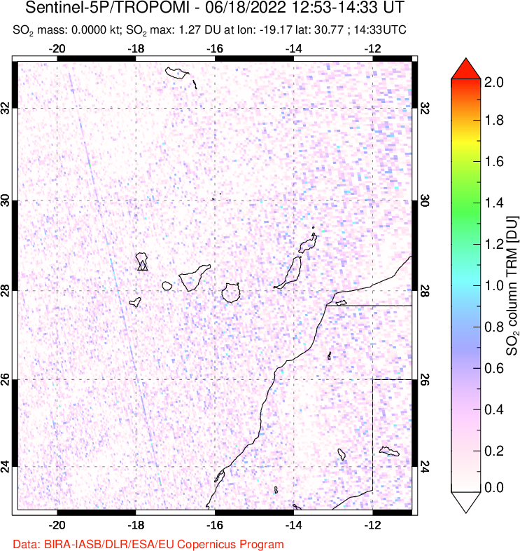 A sulfur dioxide image over Canary Islands on Jun 18, 2022.