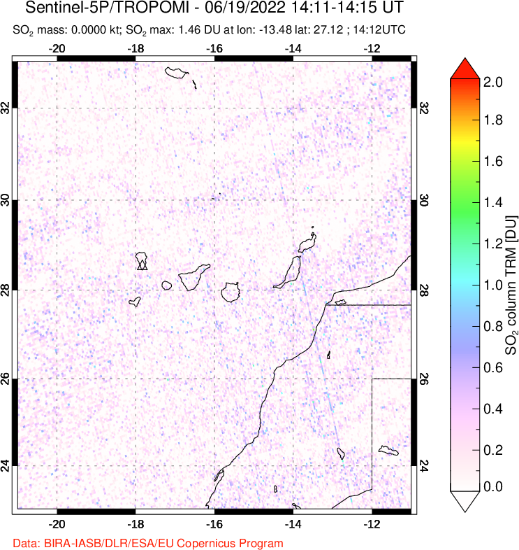 A sulfur dioxide image over Canary Islands on Jun 19, 2022.