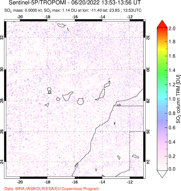 A sulfur dioxide image over Canary Islands on Jun 20, 2022.