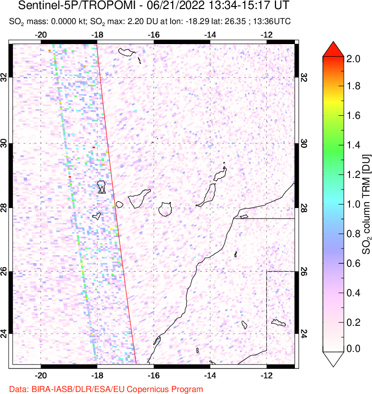 A sulfur dioxide image over Canary Islands on Jun 21, 2022.