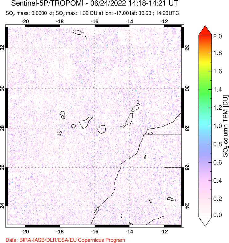 A sulfur dioxide image over Canary Islands on Jun 24, 2022.