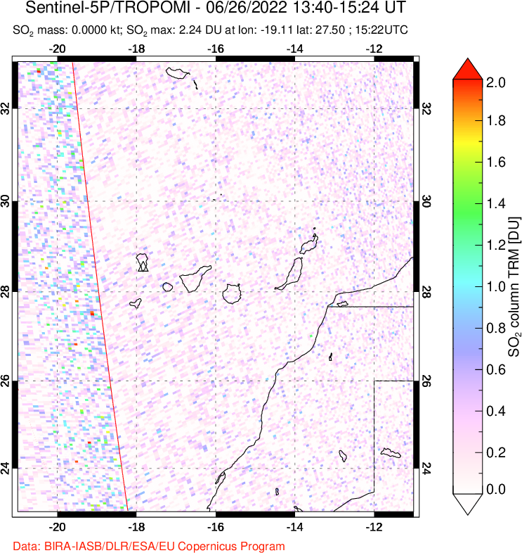 A sulfur dioxide image over Canary Islands on Jun 26, 2022.