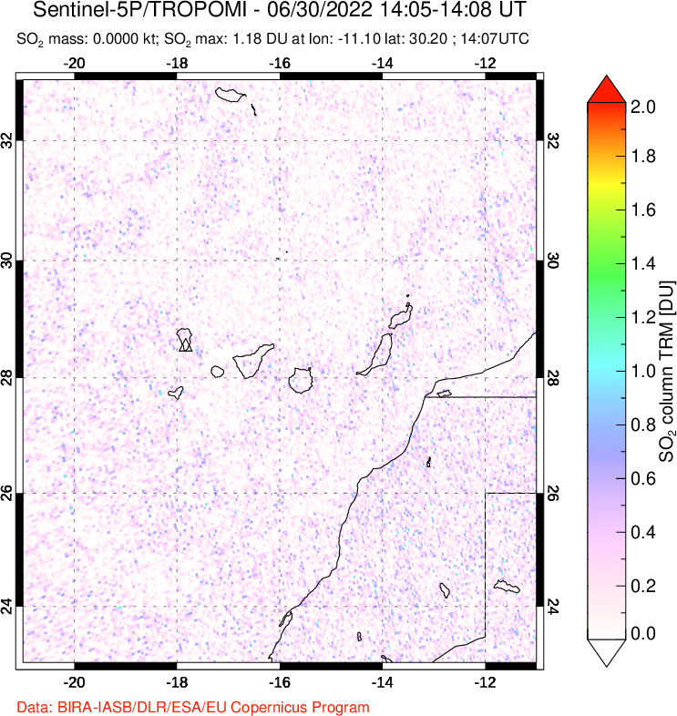 A sulfur dioxide image over Canary Islands on Jun 30, 2022.