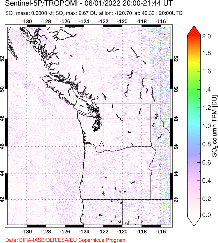 A sulfur dioxide image over Cascade Range, USA on Jun 01, 2022.