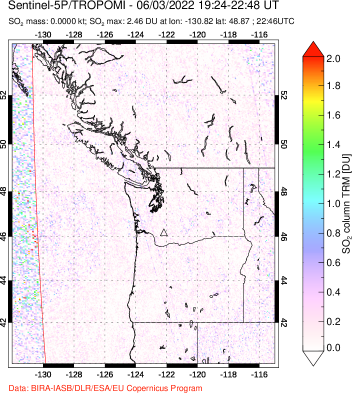 A sulfur dioxide image over Cascade Range, USA on Jun 03, 2022.