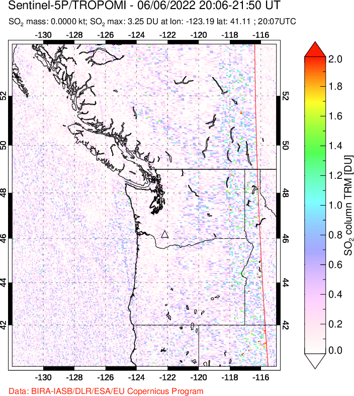 A sulfur dioxide image over Cascade Range, USA on Jun 06, 2022.