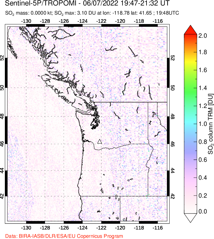 A sulfur dioxide image over Cascade Range, USA on Jun 07, 2022.