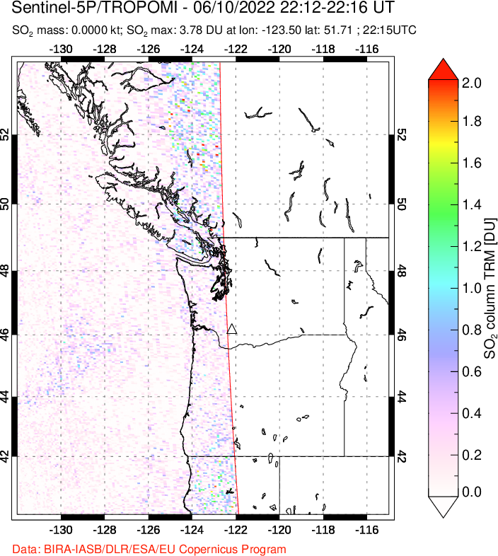 A sulfur dioxide image over Cascade Range, USA on Jun 10, 2022.