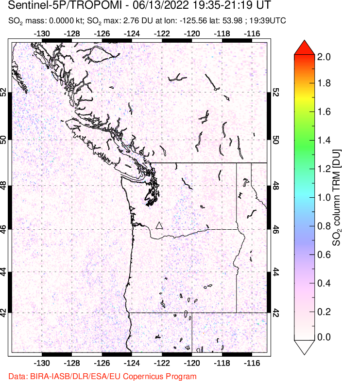 A sulfur dioxide image over Cascade Range, USA on Jun 13, 2022.