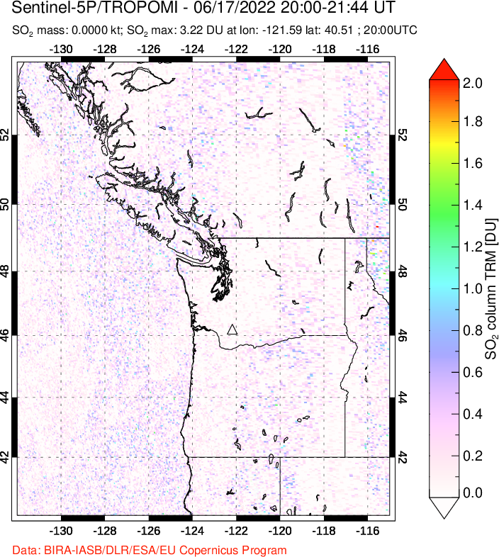 A sulfur dioxide image over Cascade Range, USA on Jun 17, 2022.